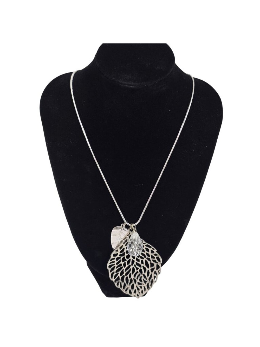 Silver Tone Leaf Pendant Necklace Crystal Accent Long Snake Chain Fashion Jewelr